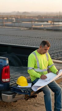Middle-aged male engineer or construction manager in a high-visibility shirt reviewing architectural blueprints on a pickup truck tailgate at a dusty outdoor job site