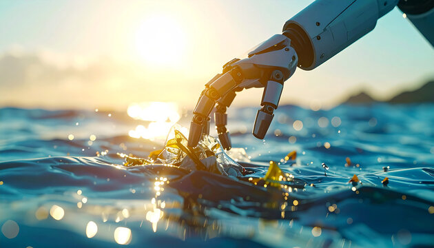 Artificial Hand in the Water: A futuristic robotic hand delicately interacts with the surface of water, highlighting the convergence of technology and nature, and the dawn of innovation.