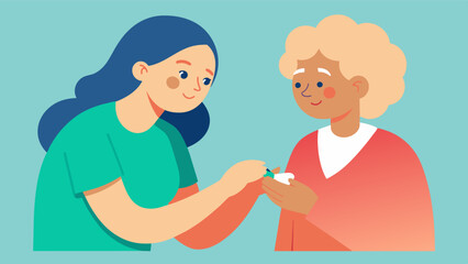 A caregiver helping to trim the nails of a person with a mental illness preventing s and promoting good hygiene habits.. Vector illustration