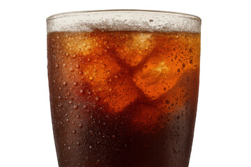 Glass of cola soda with ice and condensation drops, refreshing cold soft drink beverage with a transparent background