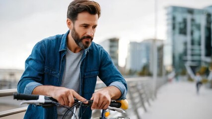 Stylish bearded man in casual denim attire poses with his bicycle against backdrop modern city buildings. Captures urban commuting trends, eco friendly living in vibrant city environment