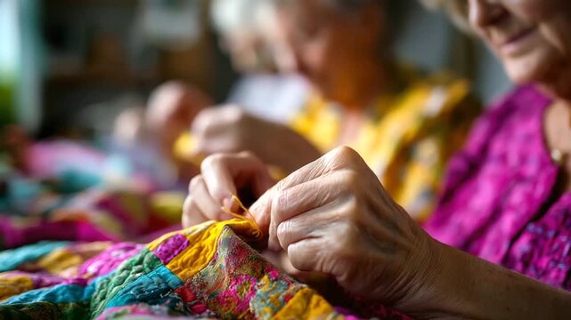 Elderly women attending quilting bee, hands sewing colorful fabrics, cozy atmosphere, friendship and creativity, tradition and craft, storytelling and connection, heritage art, joy