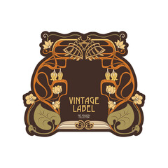 Decorative flowers and leaves in art nouveau style, vintage, old, retro style. Border, frame, template for product label, cosmetic packaging. Easy to edit. Vector illustration.