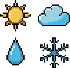 Pixel art weather icons sun cloud rain and snowflake forecast design elements vector