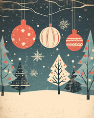 Tradycyjna retro kartka na święta Bożego Narodzenia. Wigilia. Bombki wiszące na choince