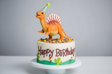 Happy Birthday Funny dinosaur themed cake with smiling dino topper