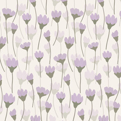 Seamless vector pattern with delicate wild violet flowers and soft green stems on a light background. Perfect for spring fabric, wallpaper, packaging, wrapping paper, and feminine design projects.