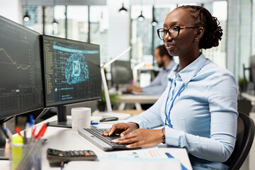 Trader in prop firm office using AI machine learning to analyze market data and execute trades...