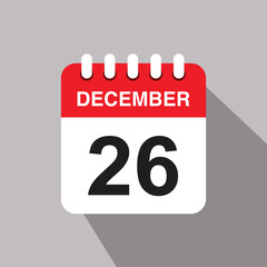 26 december calendar date icon. vector illustration with shadow design