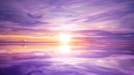 Naklejka premium Vibrant Sunset Over Calm Water with Purple Pink Clouds and Reflection