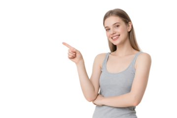 A young woman in a gray tank top points with a friendly and confident expression against a white background.