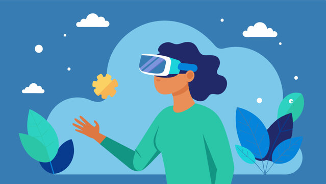 A person using a virtual reality headset to experience a stimulating and immersive environment designed to improve mood and reduce anxiety ultimately promoting brain health.. Vector illustration