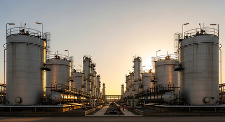Obraz premium Golden hour illuminates a sprawling industrial complex, showcasing numerous storage tanks and processing units, symbolizing vast energy and chemical production infrastructure