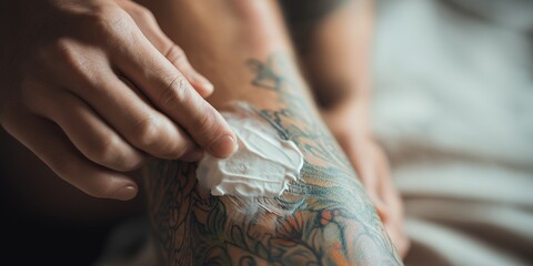 Close-up of a hand applying moisturizing cream to a colorful tattoo. Tattoo aftercare and skincare routine. Body art healing and protection