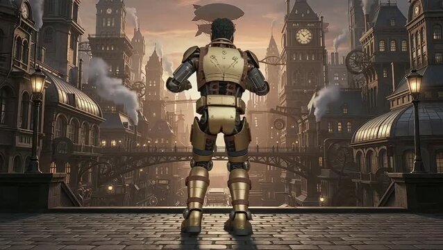 Steampunk Cyborg Robot-Dance in Victorian Clockwork City at Dusk.