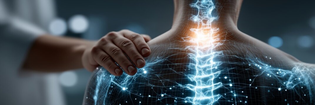 A doctor's hand on a patient's shoulder with a futuristic digital overlay of the spine. Highlighting neck pain and injury for medical treatment. Chiropractic and neurology concept - Powered by Adobe