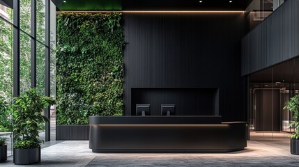 Modern office lobby features a dark reception desk and a bright green vertical garden wall