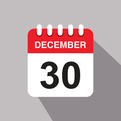 30 december calendar date icon. vector illustration with shadow design