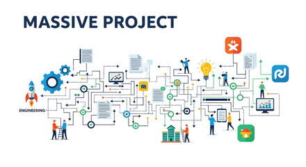 Complex project management illustration emphasizing coordination and communication