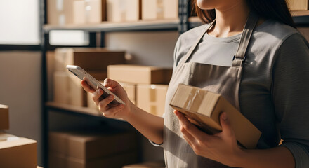 Entrepreneur scans a package with a phone for shipping