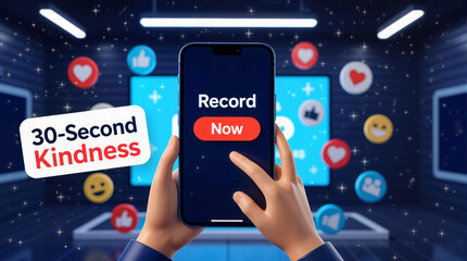 Faceless influencer avatar holding a phone with a “Record Now” button in a virtual creator studio, promoting kindness and digital engagement concept.