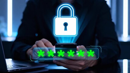 Man unlocking a smartphone with digital lock and password icons for cybersecurity, data protection, and online privacy authentication. - Powered by Adobe