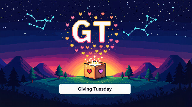 Pixel-art donation box emitting hearts under a starry night sky, animated Giving Tuesday concept for charitable initiatives.