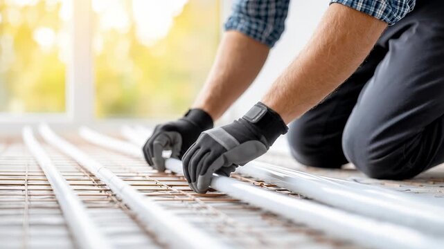 worker installing underfloor heating pipes at construction site
