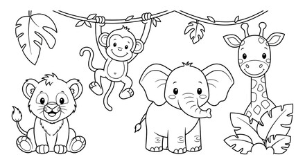 Wildlife Animals - Lion, Monkey, Elephant, and Giraffe in the Jungle

