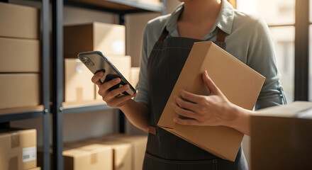 E-commerce worker managing inventory with a phone