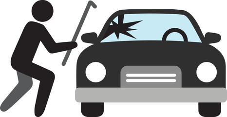 Car thief holding crowbar and stealing to break glass into a car icon.