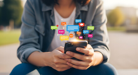 Woman using smart phone with social media notifications