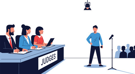 Talent show with performance, judging panel, and eager audience watching