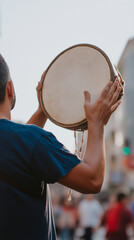 Musician playing traditional frame drum at Mardi Gras parade. Street performer celebrating at outdoor music festival. Live music and cultural celebration concept