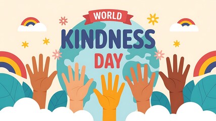 Celebrate world kindness day with this vibrant illustration featuring diverse hands reaching for the earth, symbolizing global unity and compassion on this special day