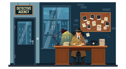 Private investigator analyzing clues in his office on a rainy night