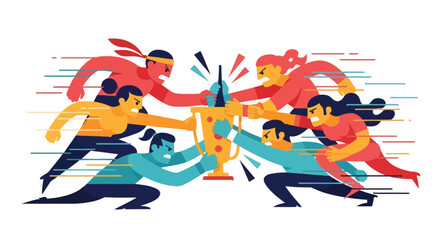 Illustration of teams intensely competing for a golden trophy prize