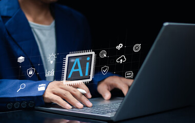 A man presents a holographic AI chip, showcasing an ecosystem of interconnected business functions like cloud computing, data analysis, security, and goal setting.