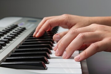 Close up of hands playing a piano keyboard in studio. This product photo is perfect for illustrating music, song writing, and musical performance. Use it for your creative projects.
