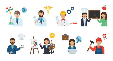 Diverse professions illustrated in flat design style, career prospects icon set