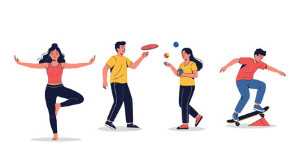 Fototapeta premium Active lifestyle illustration featuring yoga, juggling and skateboarding characters