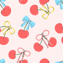 Seamless pattern with cherry and bow on pink background. Vector illustration for printing. Cute baby background. cherry with a bow