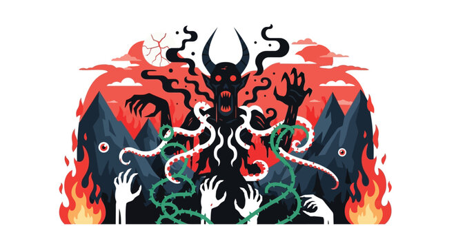 Illustrative demonic entity emerging from fiery hellscape landscape