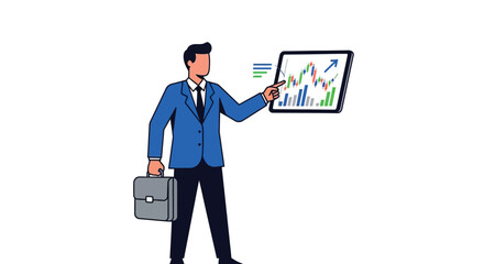 Businessman presenting stock market data on digital screen with briefcase