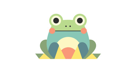 Obraz premium Charming flat design frog illustration with cheerful geometric elements and pastel colors, perfect for kids' projects and playful branding.
