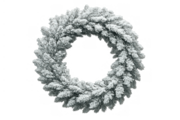 Snowy christmas wreath made of evergreen pine branches creating festive winter holiday decoration, transparent background