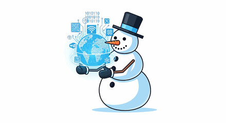 Christmas snowman holding a globe with digital icons and binary code floating around it in a cartoon style