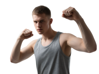 Young man in gray tank top is in a fighting pose, showcasing his muscular build and readiness for physical activity.