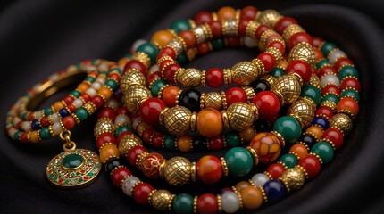 Colorful African beads arranged beautifully on dark fabric, vibrant jewelry display concept for artisans, fashion designers.