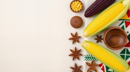 Flat lay of Kwanzaa symbols including corn and cultural iconography on textured fabric background with empty space, concept of cultural celebration.